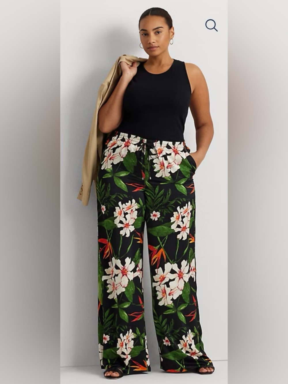 Ralph Lauren Black Tropical Floral Wide-Leg Drawstring Pants